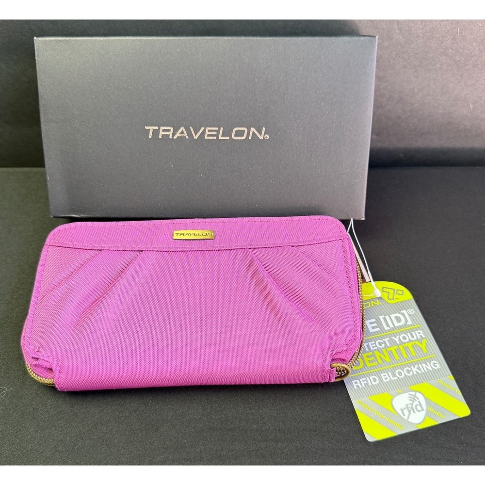 Travelon Safe ID RFID Blocking Wallet Pink Nylon Zip Around Wristlet Clutch NEW